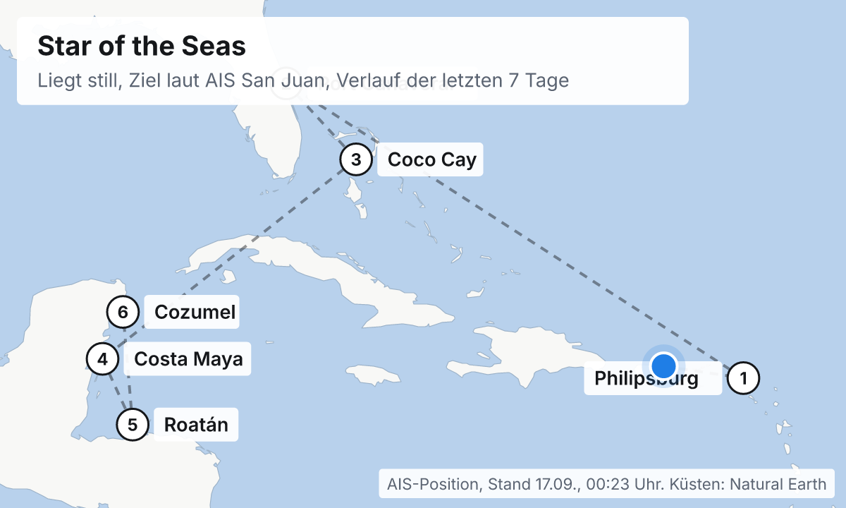 Karte: aktuelle Position der Star of the Seas, Verlauf der letzten Tage und die nächsten Häfen laut Fahrplan