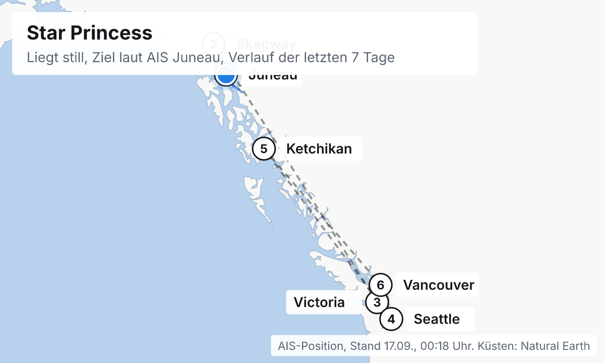 Karte: aktuelle Position der Star Princess, Verlauf der letzten Tage und die nächsten Häfen laut Fahrplan