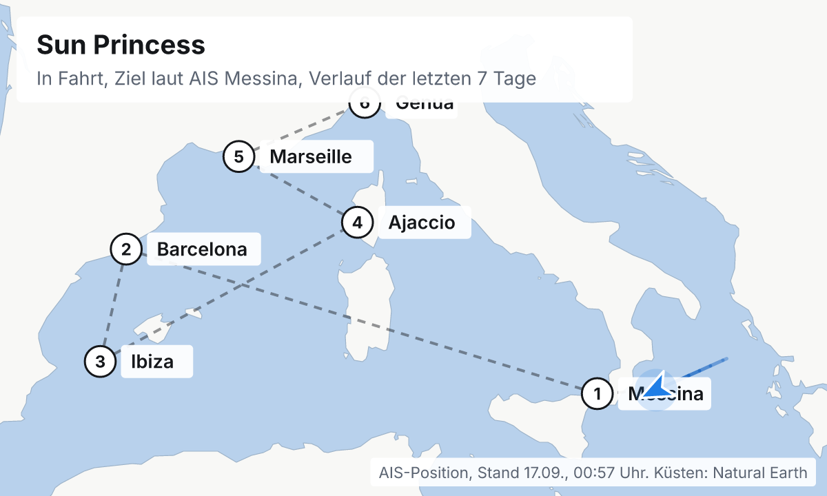 Karte: aktuelle Position der Sun Princess, Verlauf der letzten Tage und die nächsten Häfen laut Fahrplan