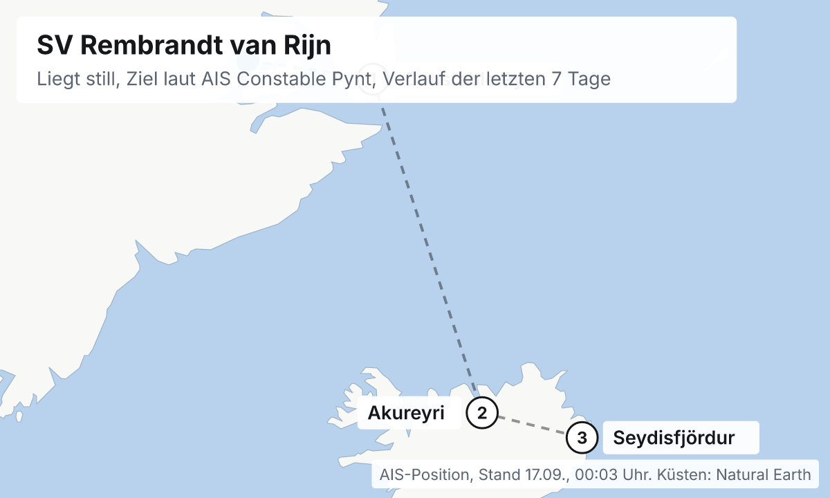 Karte: aktuelle Position der SV Rembrandt van Rijn, Verlauf der letzten Tage und die nächsten Häfen laut Fahrplan