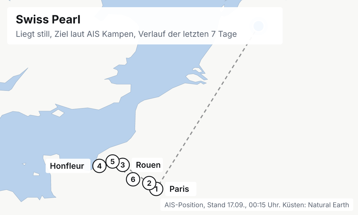 Karte: aktuelle Position der Swiss Pearl, Verlauf der letzten Tage und die nächsten Häfen laut Fahrplan