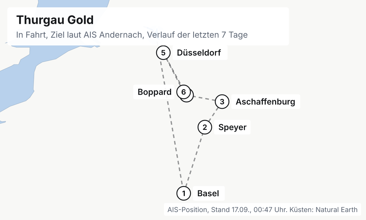 Karte: aktuelle Position der Thurgau Gold, Verlauf der letzten Tage und die nächsten Häfen laut Fahrplan