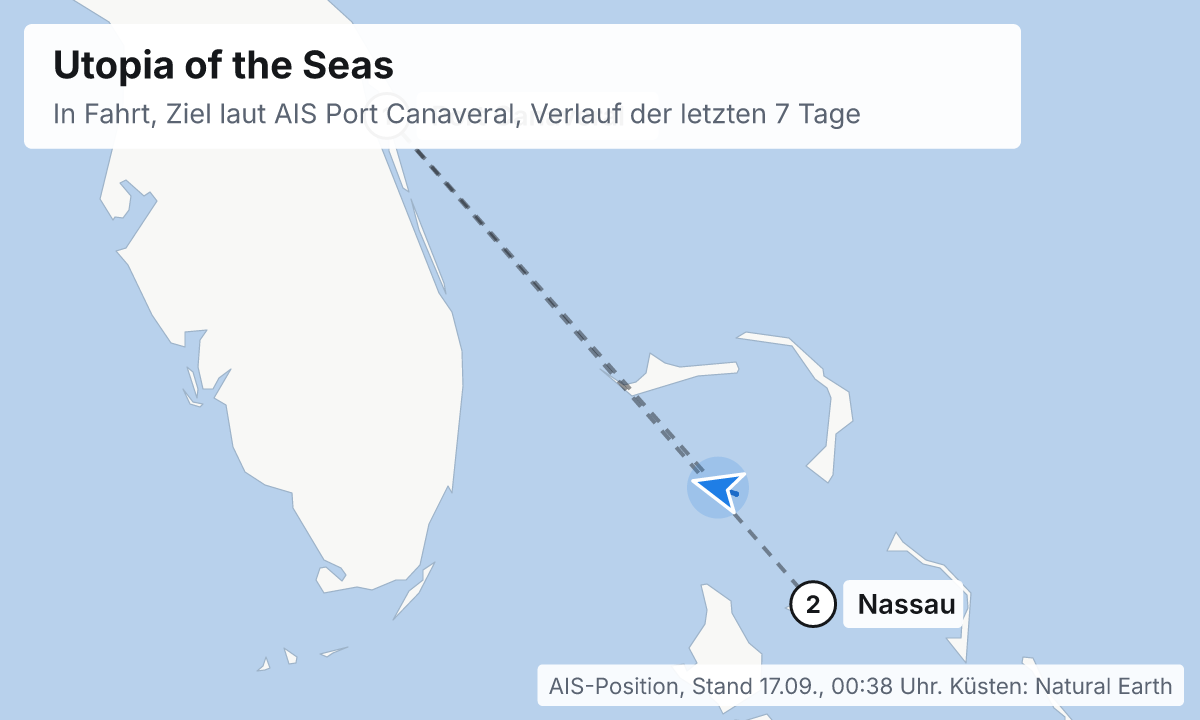 Karte: aktuelle Position der Utopia of the Seas, Verlauf der letzten Tage und die nächsten Häfen laut Fahrplan