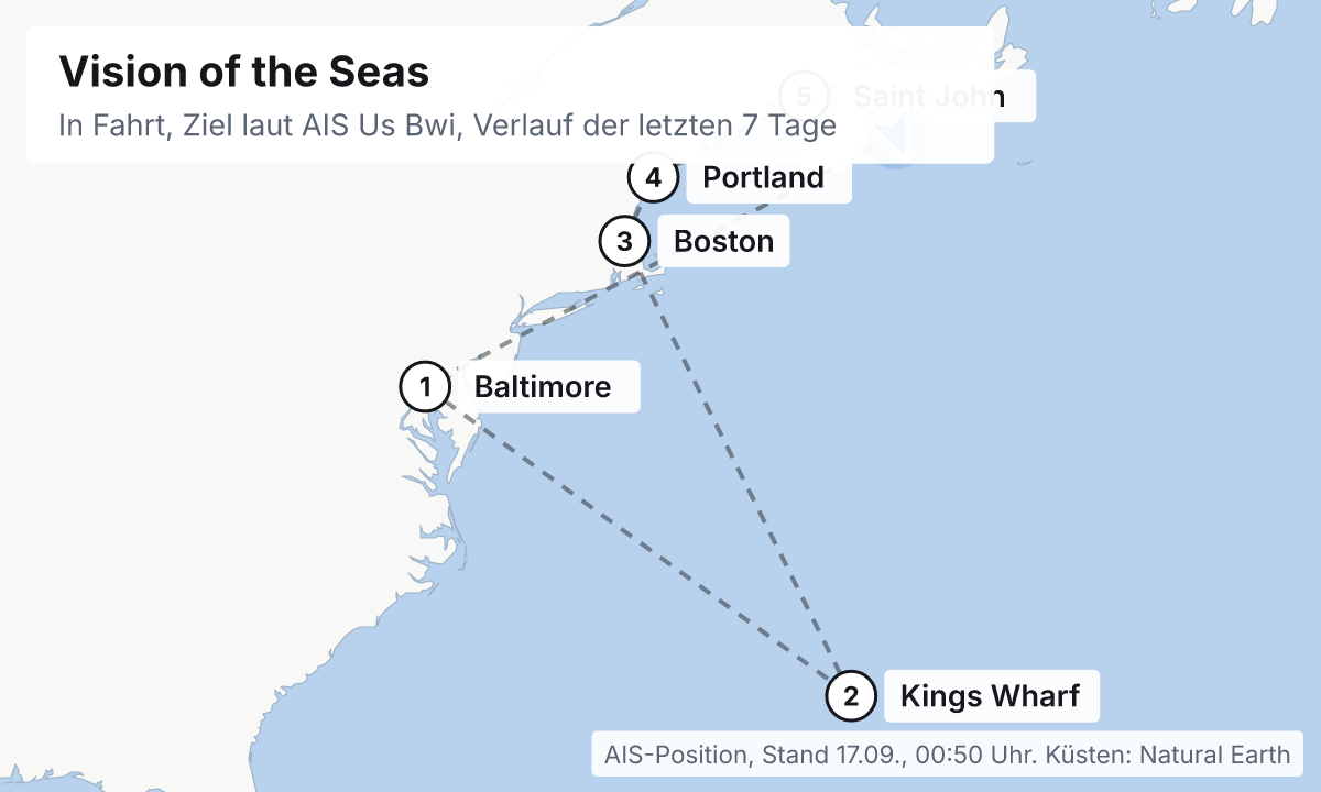 Karte: aktuelle Position der Vision of the Seas, Verlauf der letzten Tage und die nächsten Häfen laut Fahrplan