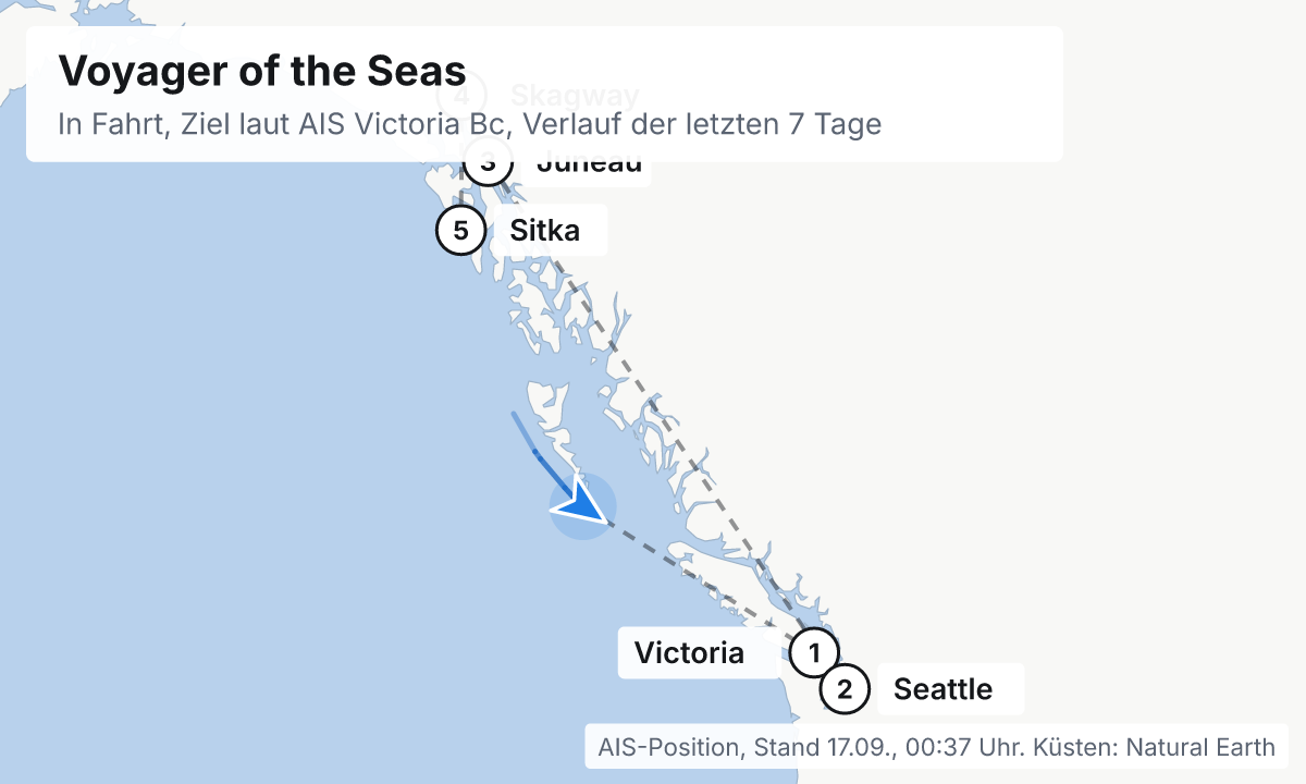 Karte: aktuelle Position der Voyager of the Seas, Verlauf der letzten Tage und die nächsten Häfen laut Fahrplan