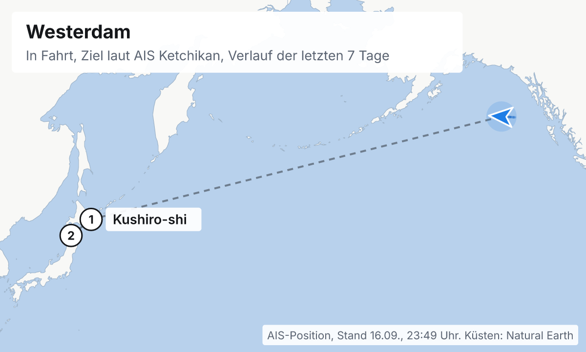 Karte: aktuelle Position der Westerdam, Verlauf der letzten Tage und die nächsten Häfen laut Fahrplan