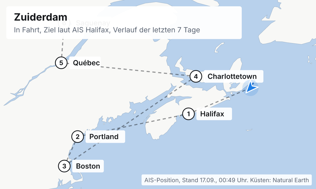 Karte: aktuelle Position der Zuiderdam, Verlauf der letzten Tage und die nächsten Häfen laut Fahrplan