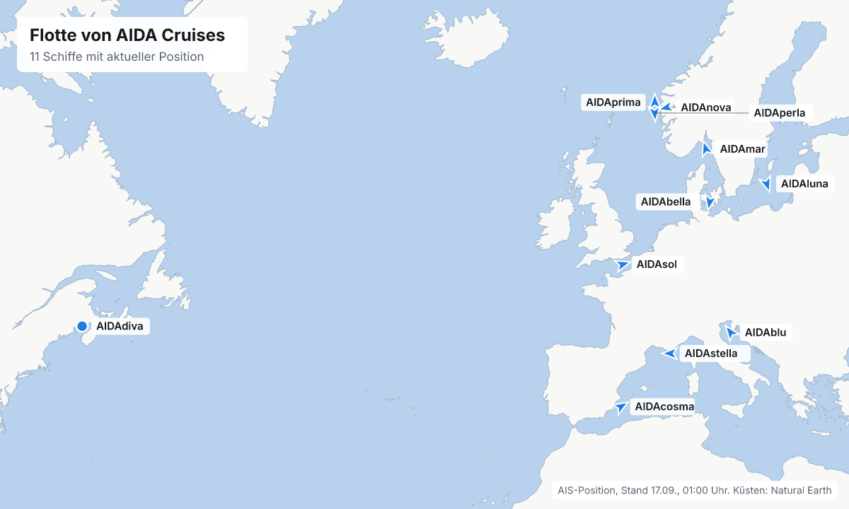 Karte: aktuelle Positionen der Schiffe von AIDA Cruises