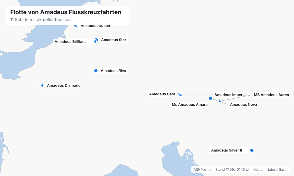 Karte: aktuelle Positionen der Schiffe von Amadeus Flusskreuzfahrten