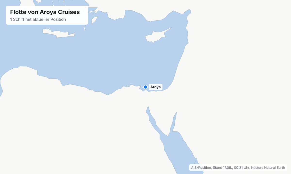 Karte: aktuelle Positionen der Schiffe von Aroya Cruises