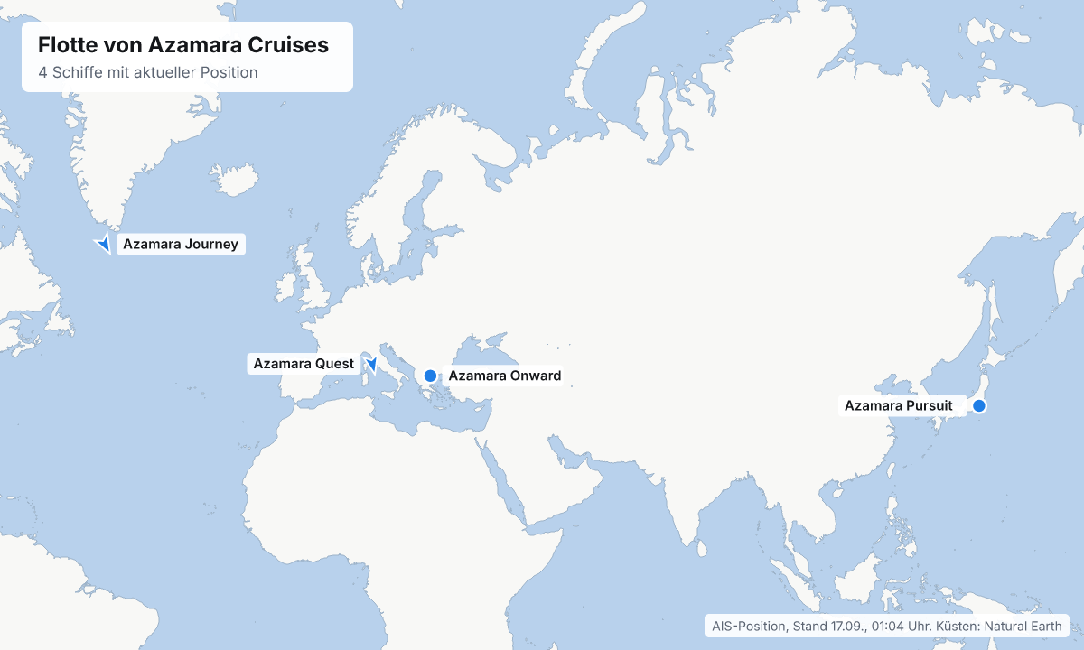 Karte: aktuelle Positionen der Schiffe von Azamara Cruises