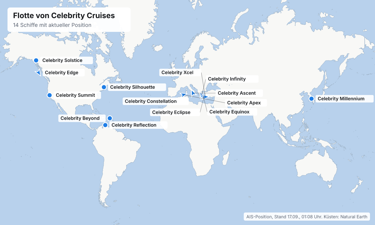 Karte: aktuelle Positionen der Schiffe von Celebrity Cruises