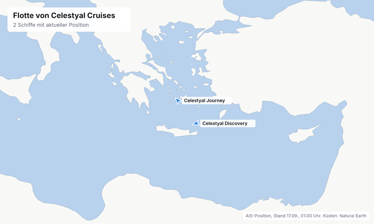 Karte: aktuelle Positionen der Schiffe von Celestyal Cruises