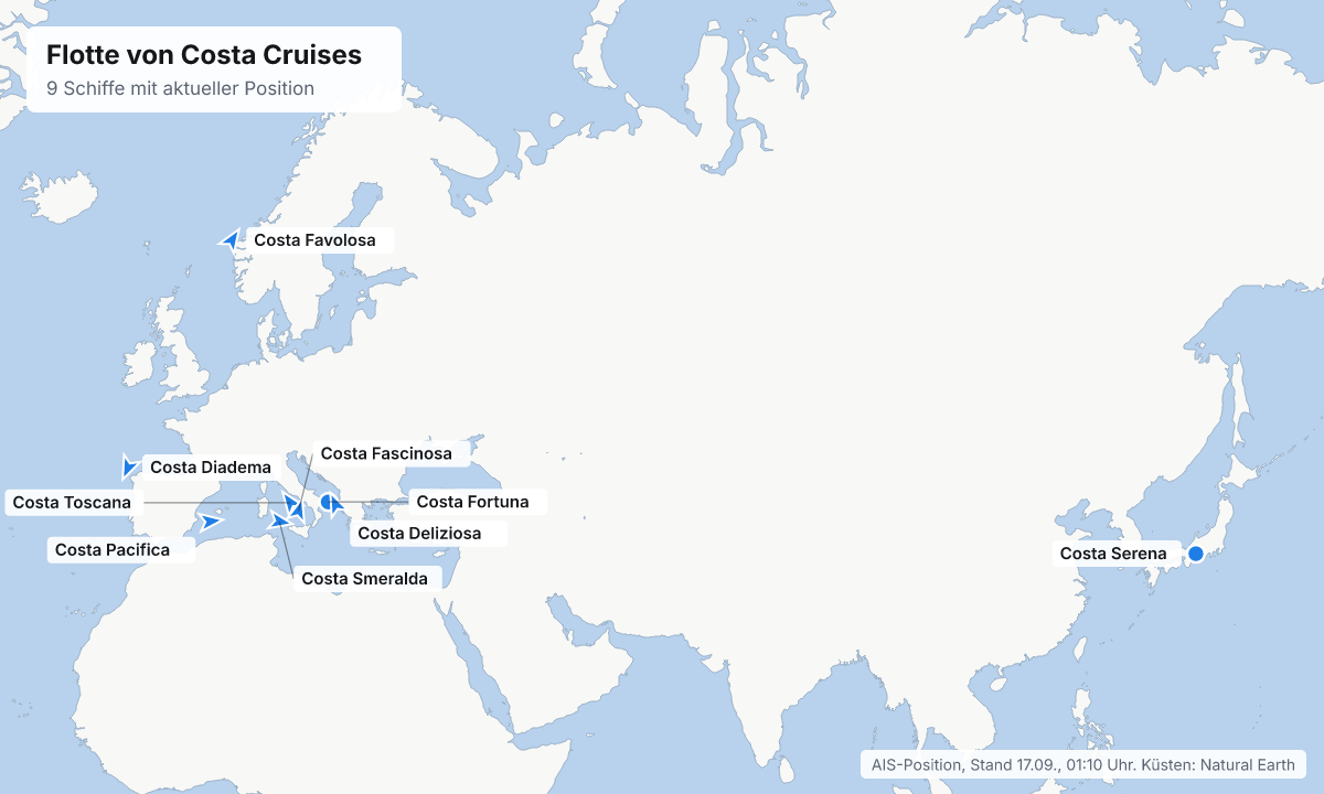 Karte: aktuelle Positionen der Schiffe von Costa Cruises