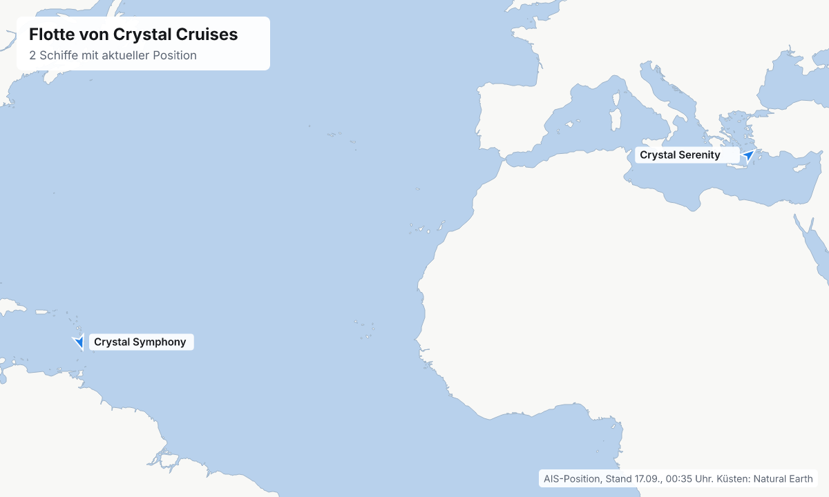 Karte: aktuelle Positionen der Schiffe von Crystal Cruises