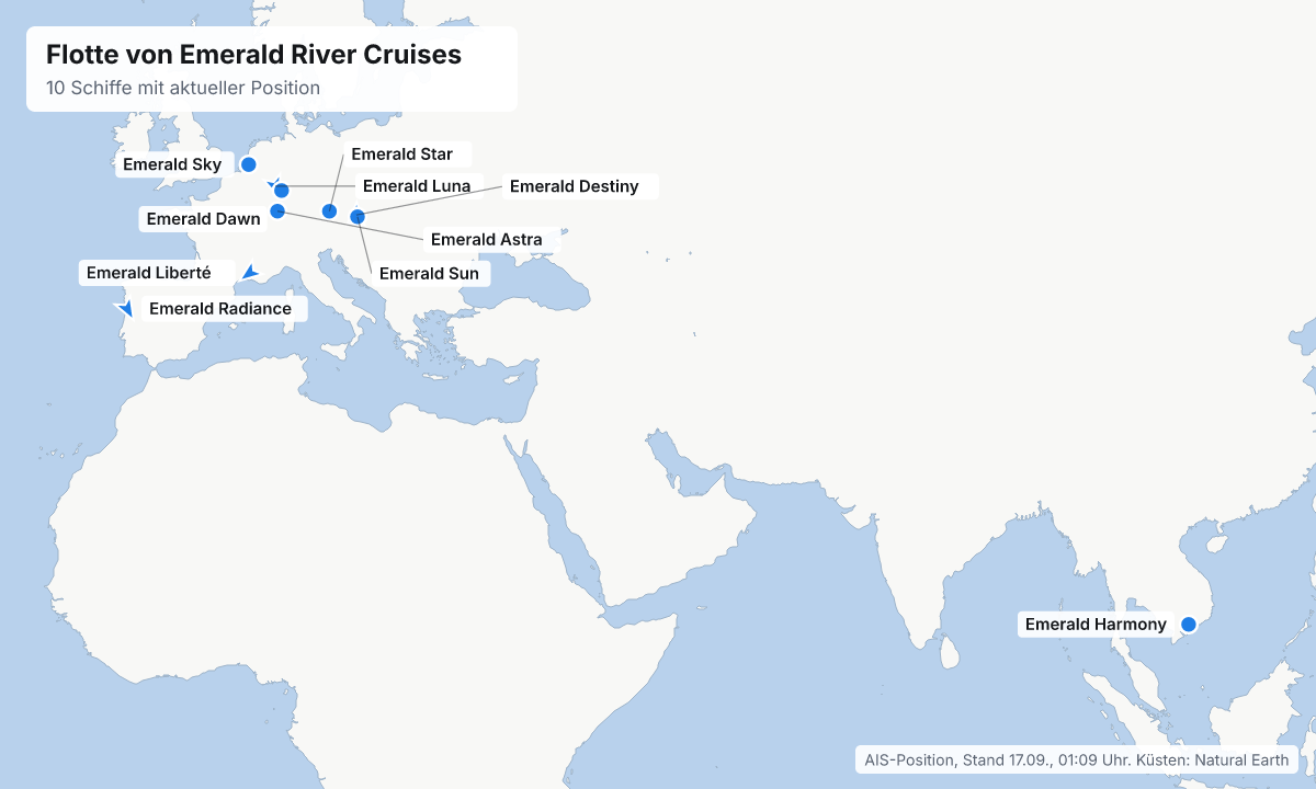 Karte: aktuelle Positionen der Schiffe von Emerald River Cruises