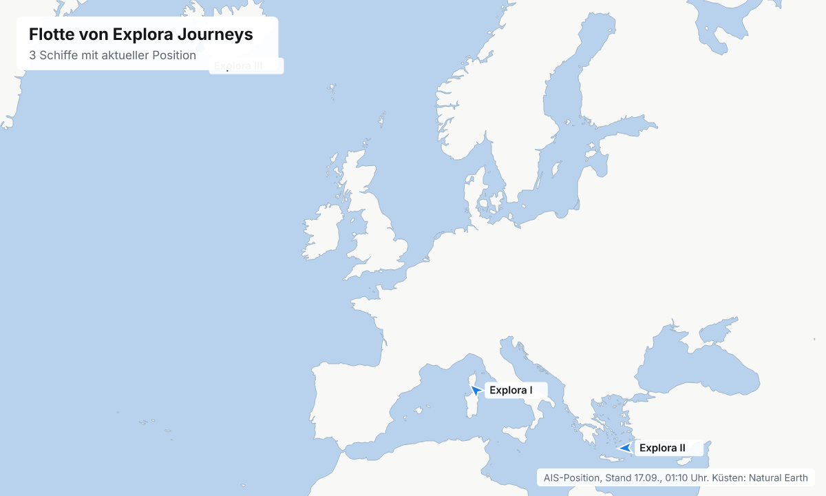 Karte: aktuelle Positionen der Schiffe von Explora Journeys