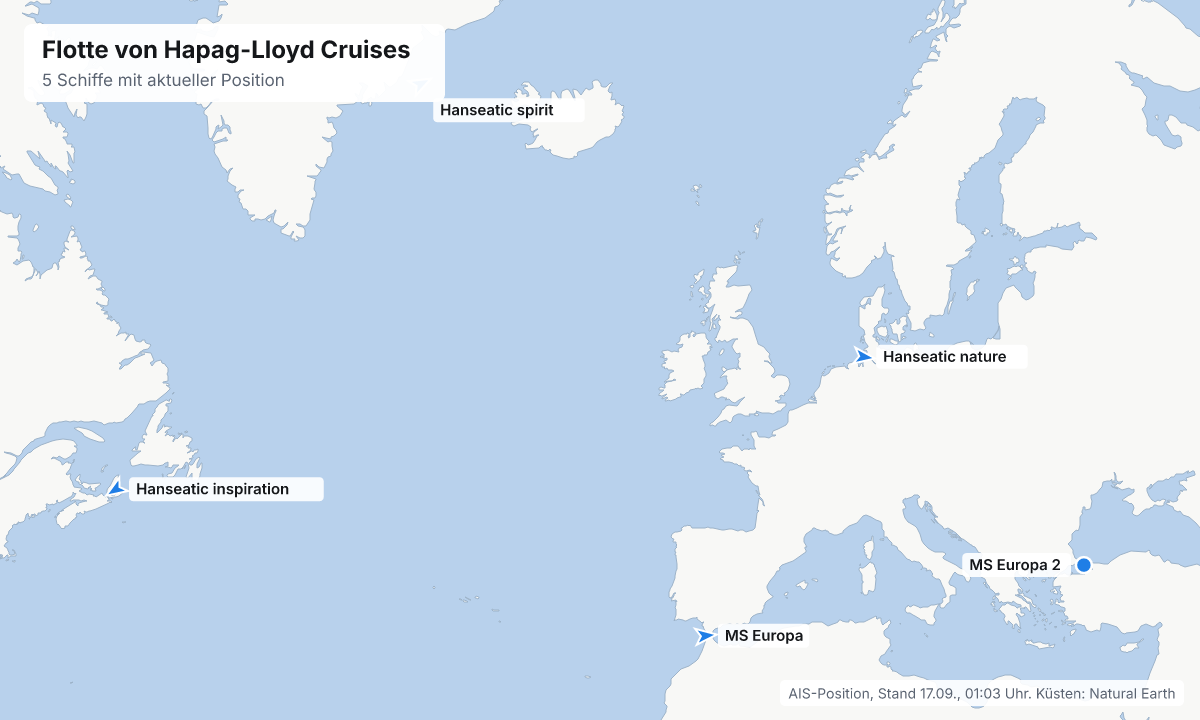 Karte: aktuelle Positionen der Schiffe von Hapag-Lloyd Cruises
