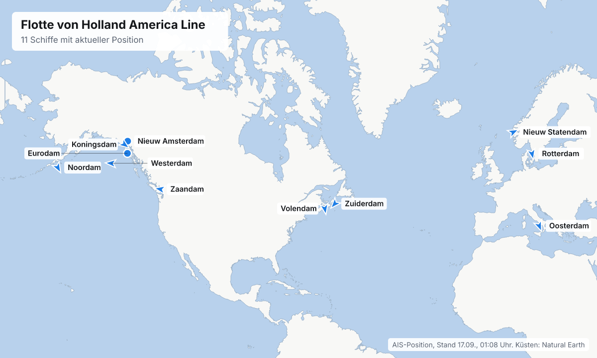 Karte: aktuelle Positionen der Schiffe von Holland America Line