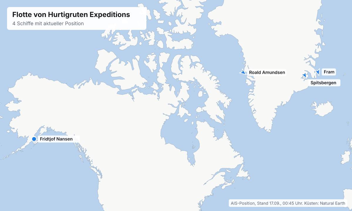 Karte: aktuelle Positionen der Schiffe von Hurtigruten Expeditions