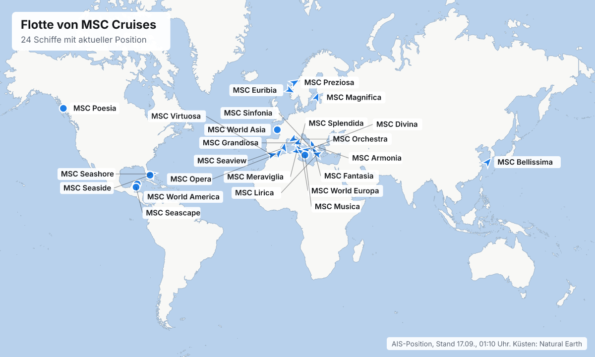 Karte: aktuelle Positionen der Schiffe von MSC Cruises