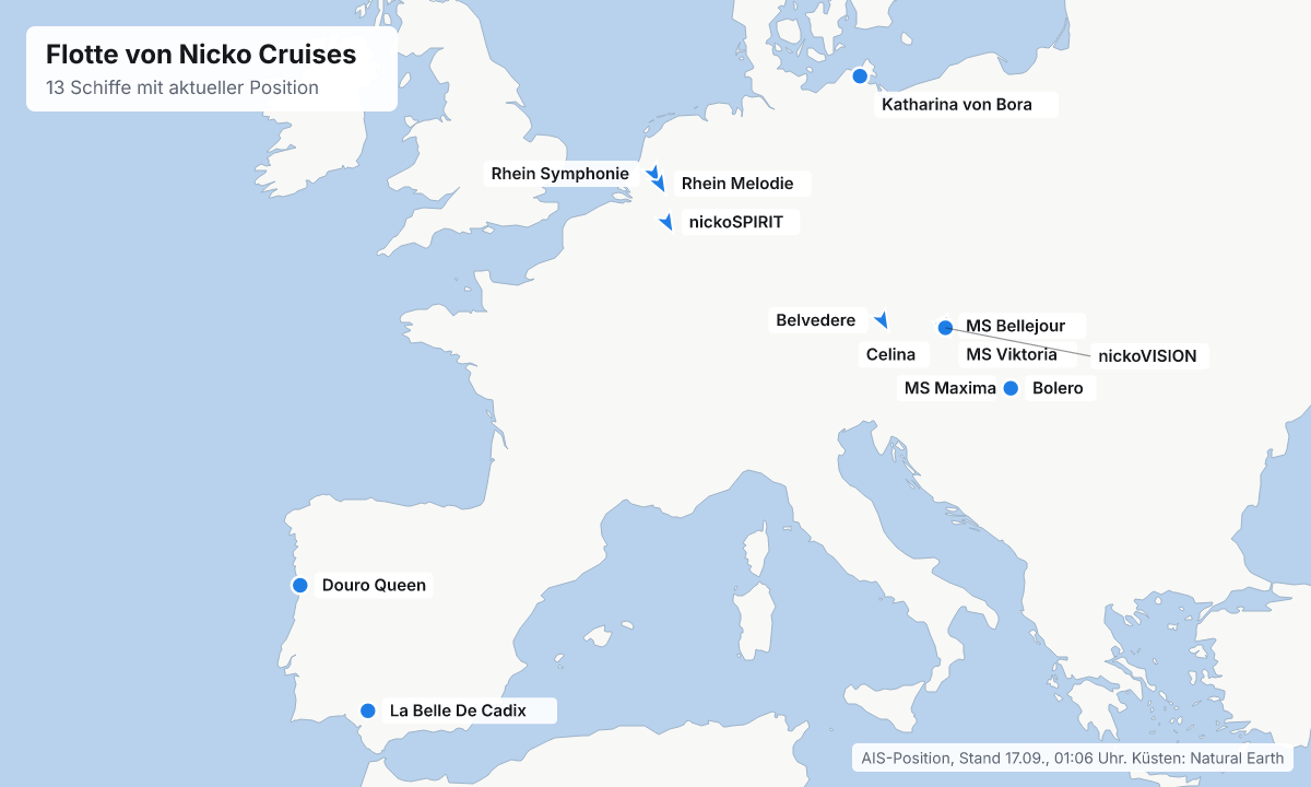 Karte: aktuelle Positionen der Schiffe von Nicko Cruises