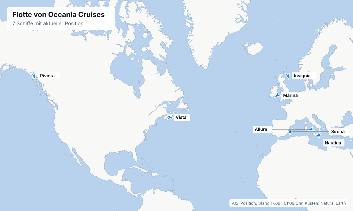 Karte: aktuelle Positionen der Schiffe von Oceania Cruises