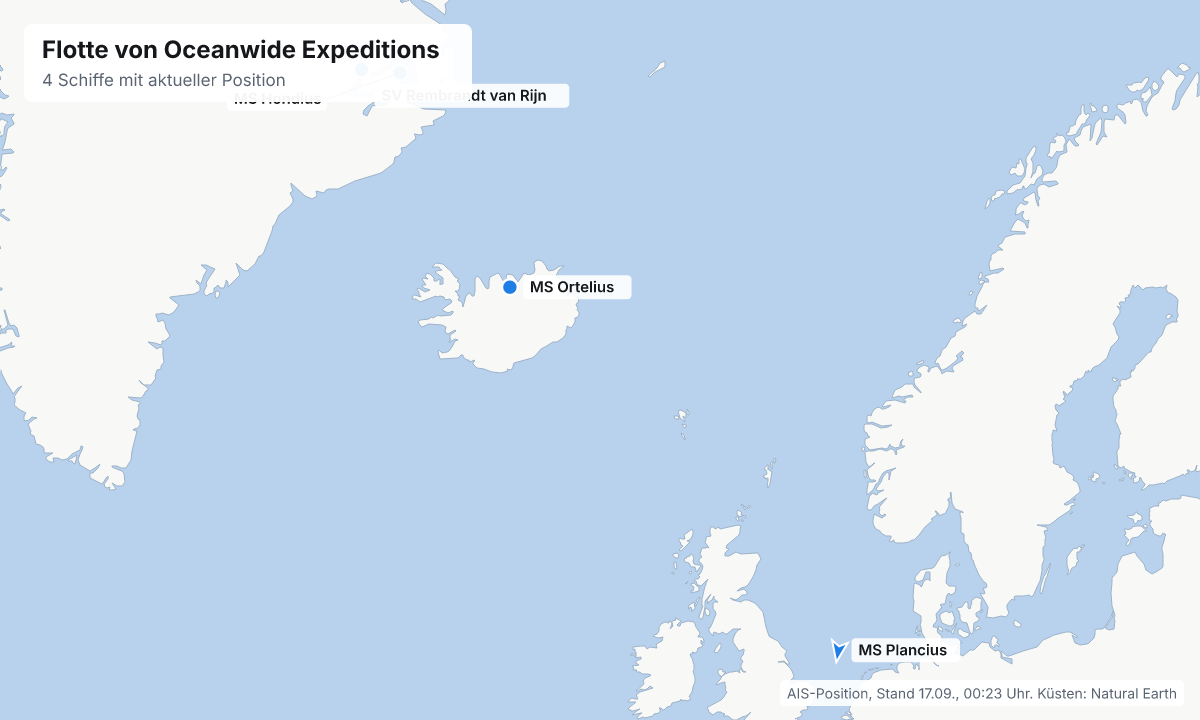 Karte: aktuelle Positionen der Schiffe von Oceanwide Expeditions