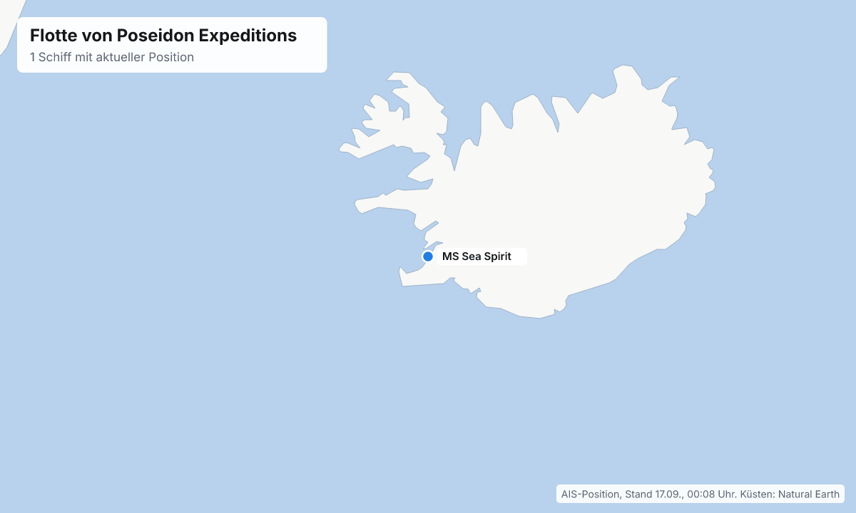 Karte: aktuelle Positionen der Schiffe von Poseidon Expeditions