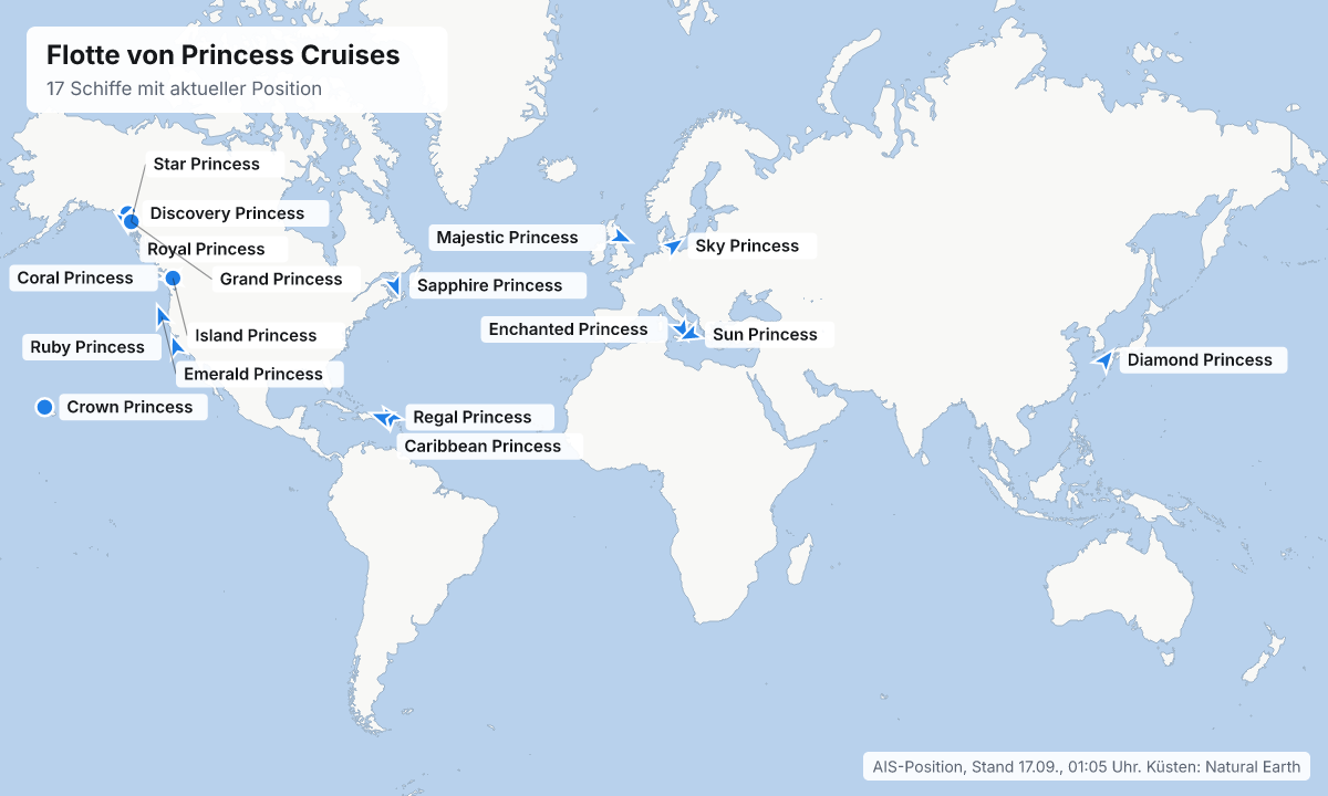 Karte: aktuelle Positionen der Schiffe von Princess Cruises