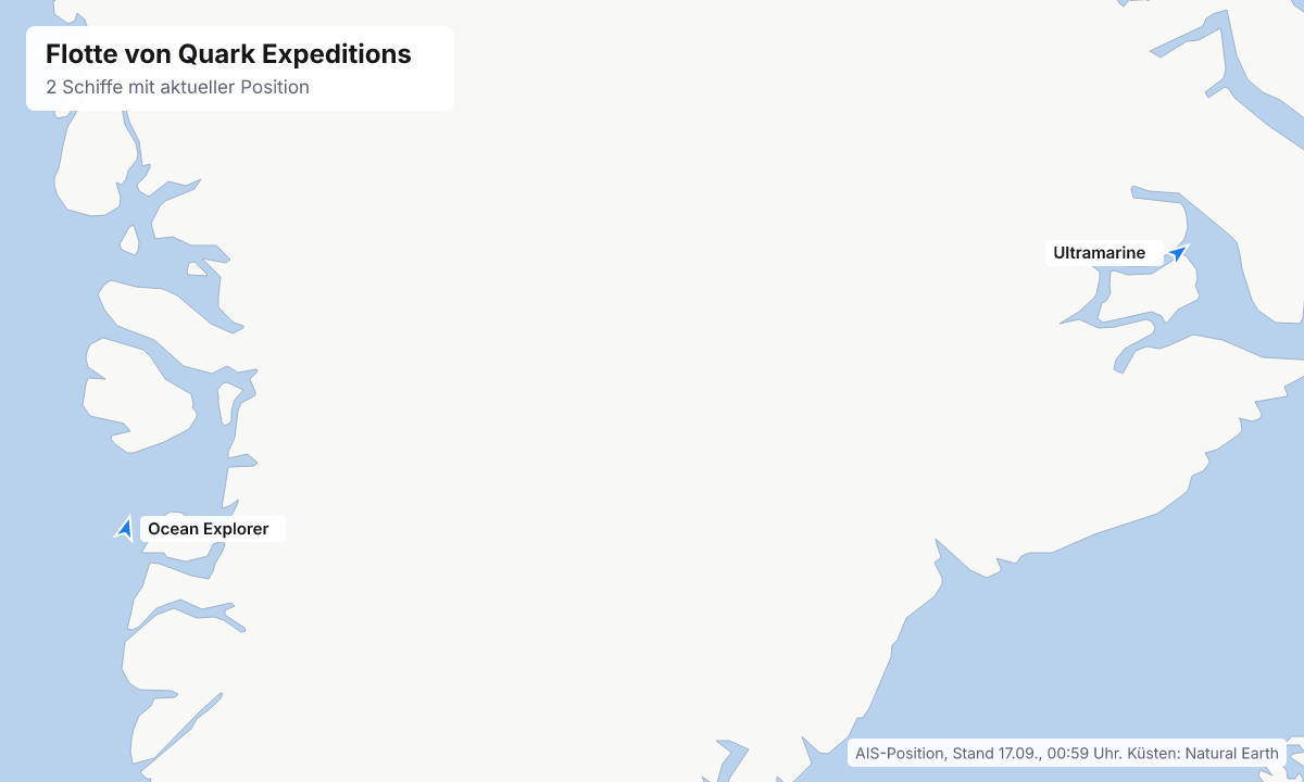 Karte: aktuelle Positionen der Schiffe von Quark Expeditions