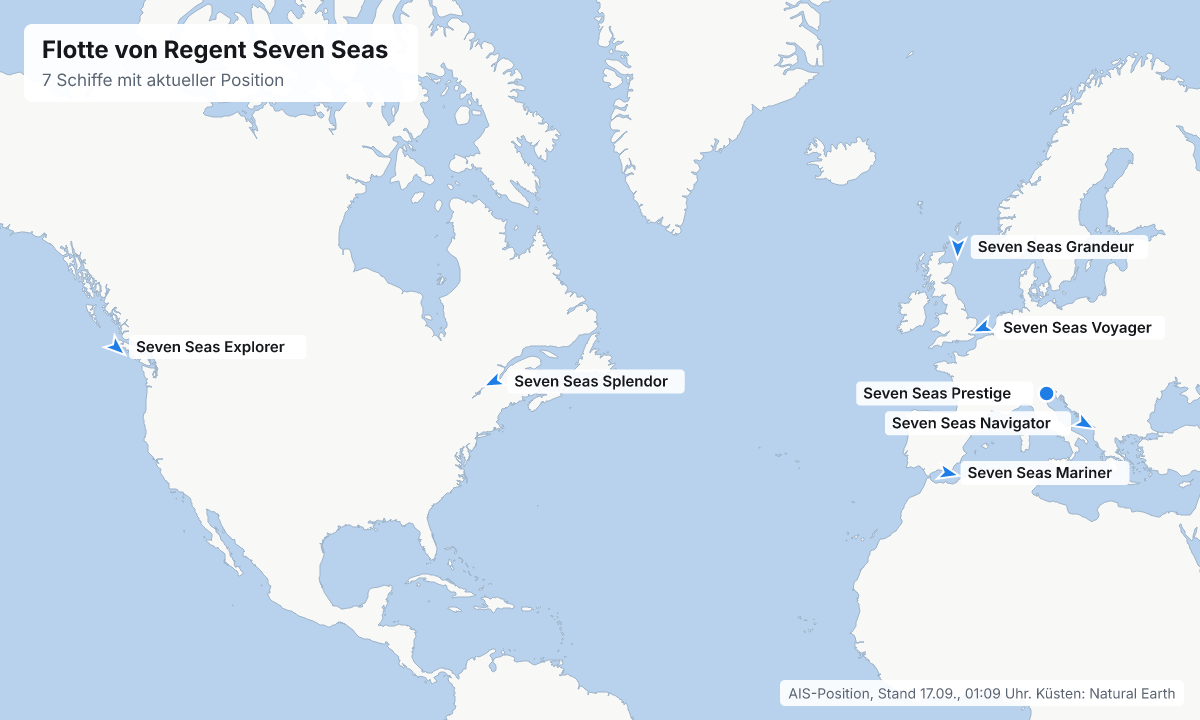Karte: aktuelle Positionen der Schiffe von Regent Seven Seas