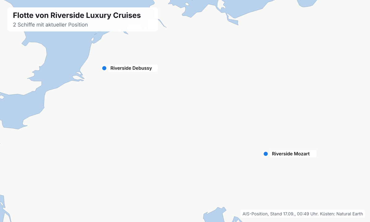 Karte: aktuelle Positionen der Schiffe von Riverside Luxury Cruises