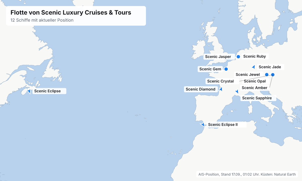 Karte: aktuelle Positionen der Schiffe von Scenic Luxury Cruises & Tours