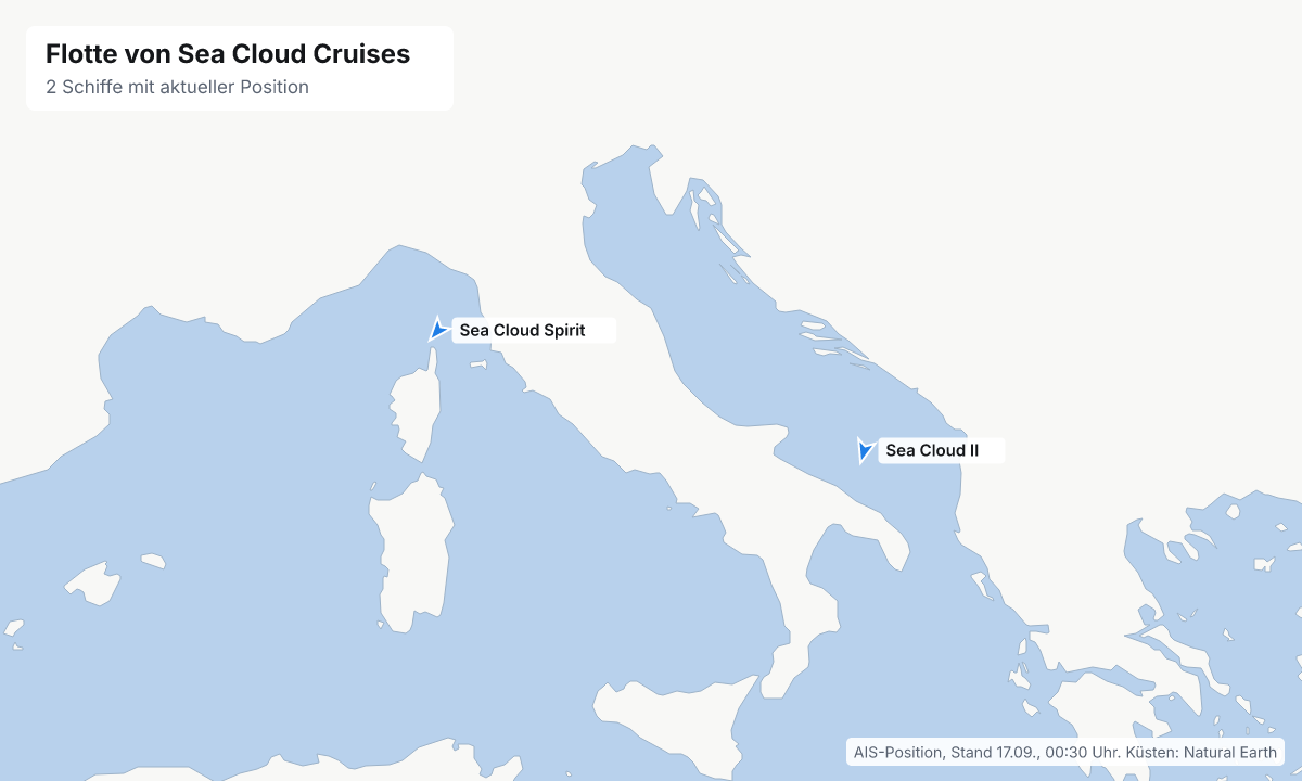 Karte: aktuelle Positionen der Schiffe von Sea Cloud Cruises