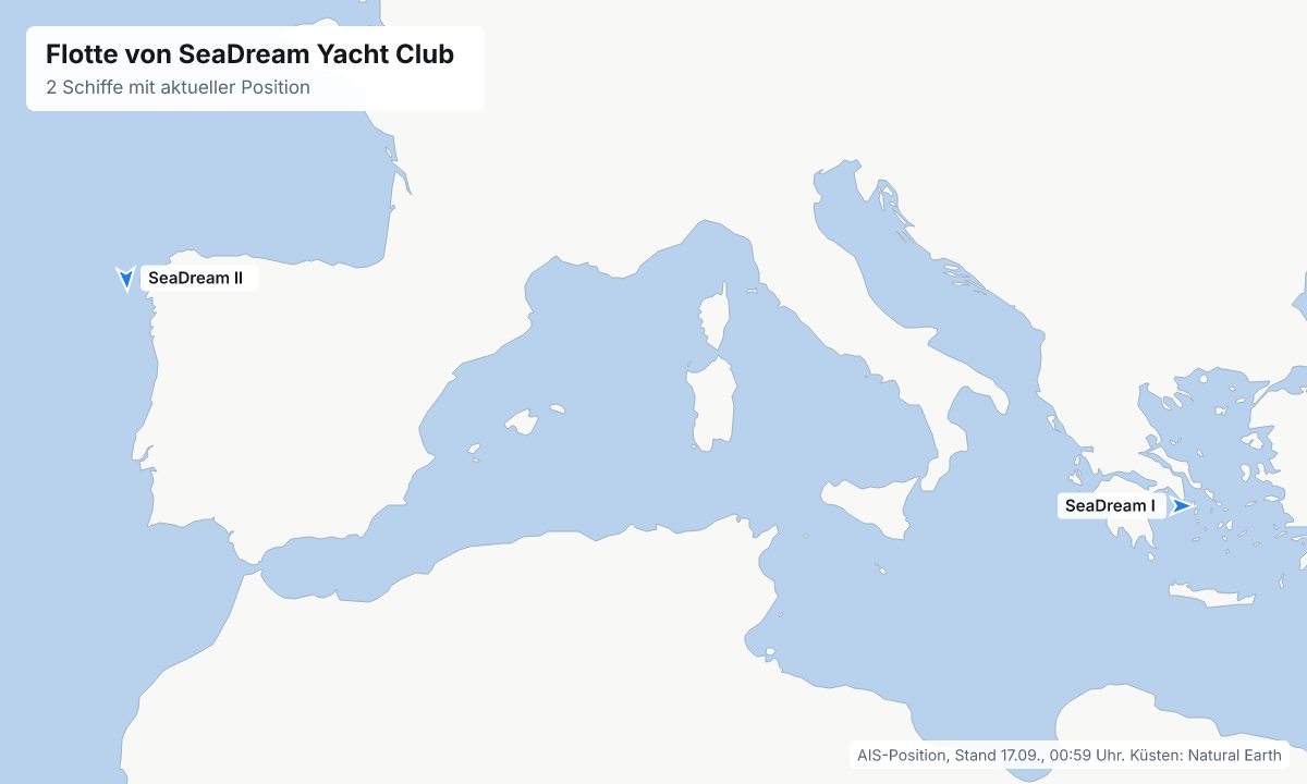 Karte: aktuelle Positionen der Schiffe von SeaDream Yacht Club
