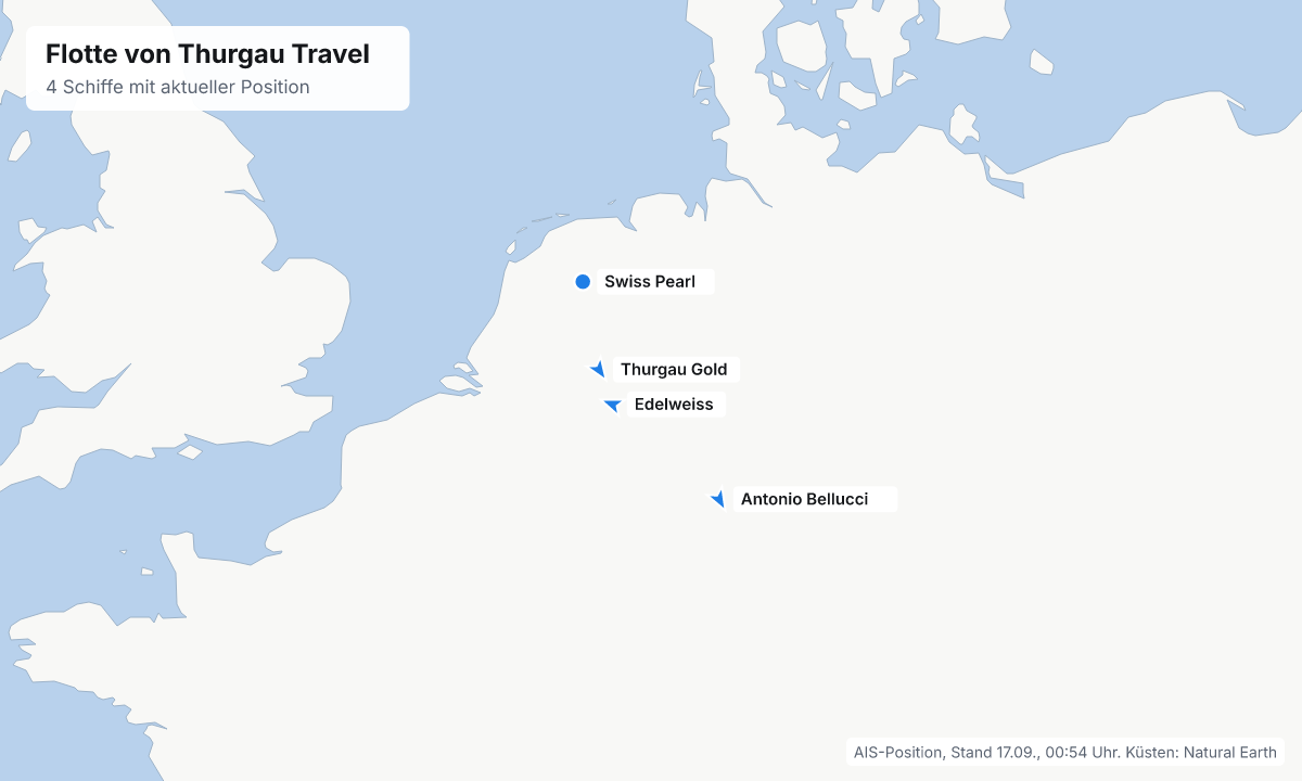 Karte: aktuelle Positionen der Schiffe von Thurgau Travel