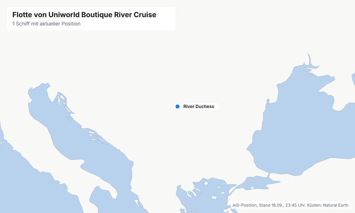 Karte: aktuelle Positionen der Schiffe von Uniworld Boutique River Cruise